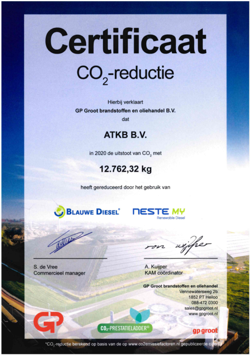 Certificaat CO2 reductie door gebruik van blauwe diesel (HVO)